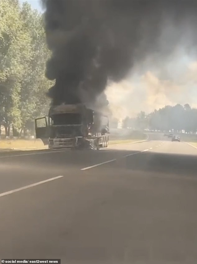 Images on social media show a truck on fire after the border raid in the Kursk region on Tuesday