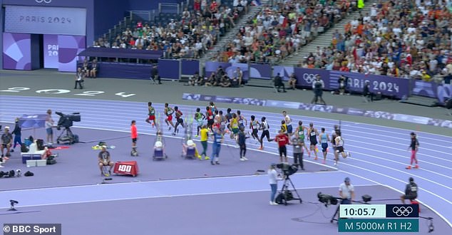 Norway's Jakob Ingebrigtsen (sixth from the back in blue shorts and white jersey) was infuriated by the bizarre incident and gestured angrily towards the cameraman as he ran past.