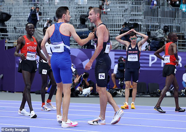 Hugo Hay of Team France and George Mills of Team Great Britain react after competing in the men's 5000m.