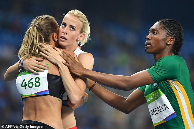 Canada's Melissa Bishop hugged Britain's Lynsey Sharp, while gold medallist Caster Semenya offered them both comfort.