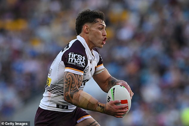 Jordan Riki of the Broncos runs with the ball during the Gold Coast Titans vs Brisbane Broncos match at Cbus Super Stadium on August 3, 2024 in Gold Coast.