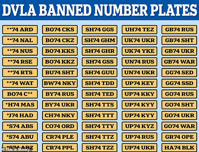 Banned: Just some of the 365 number plates banned by the DVLA this year – scroll to the bottom of this story for the FULL list