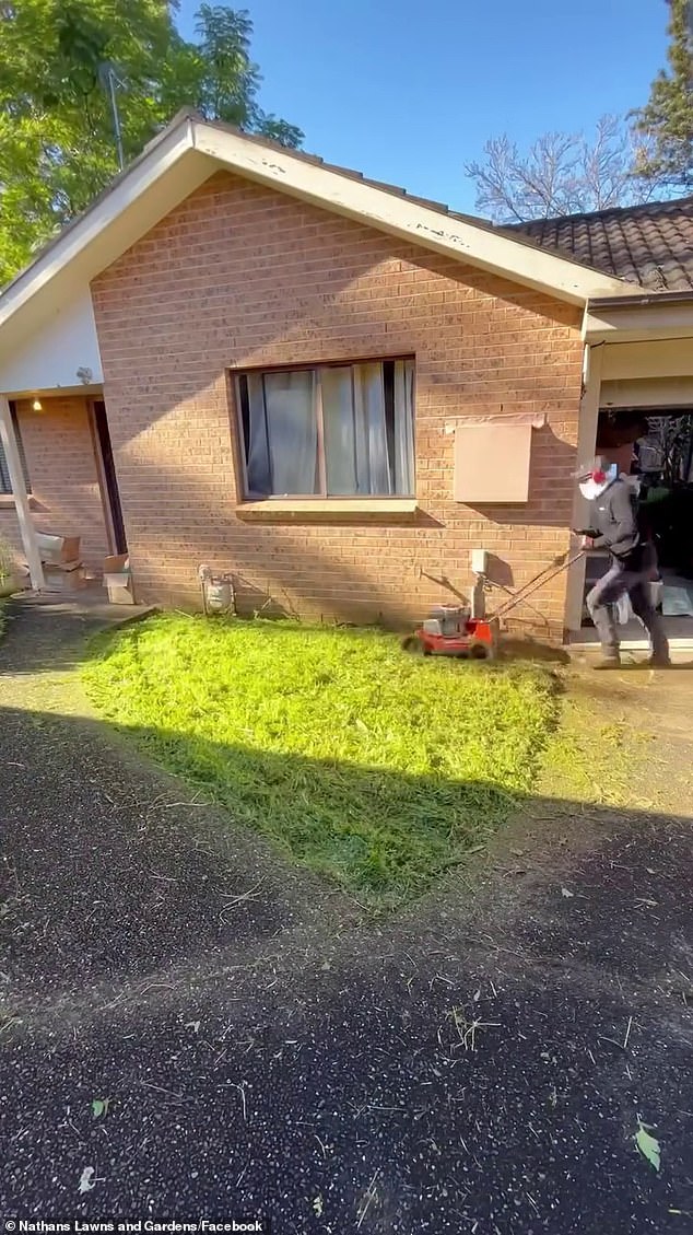 Gardener Nathan Stafford mows John's lawn in one of many videos the online personality has posted about the disabled Ryde resident's plight as he awaits NDIS approval.