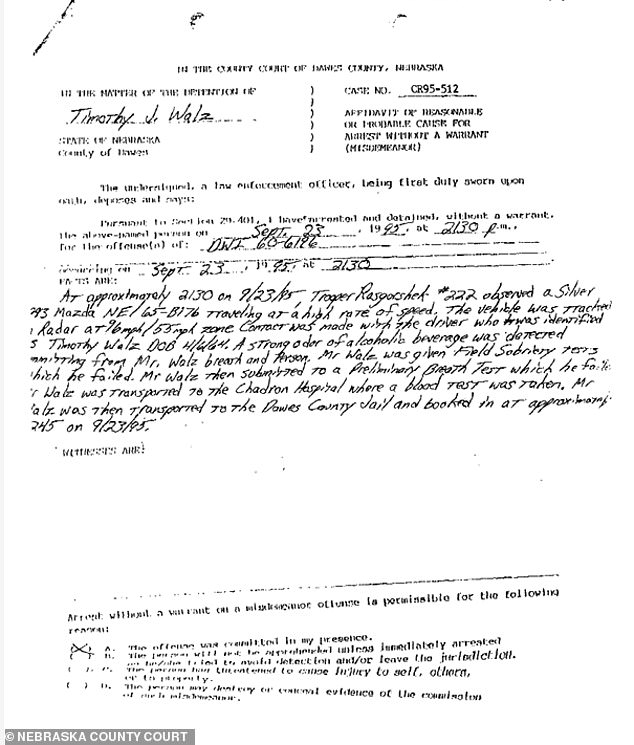 A police report of the incident says Walz failed a field sobriety test and a preliminary breath test before being taken to Chadron Hospital for a blood test on Sept. 23, 1995.