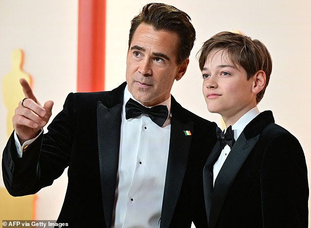 Colin is pictured with his youngest son Henry at last year's Oscars, where he was nominated for Best Leading Actor in Martin McDonagh's The Banshees Of Inisherin.