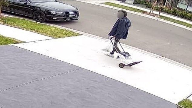 CCTV footage from a home that received one of the packages shows a man in a dark navy jacket and a trolley (pictured) appearing to leave it in the resident's letterbox.