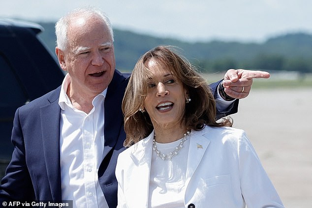 U.S. Vice President and 2024 Democratic presidential candidate Kamala Harris (R) and her running mate Minnesota Governor Tim Walz arrive at Chippewa Valley Regional Airport in Eau Claire, Wisconsin, August 7, 2024. Harris and Walz are speaking at a campaign rally in Eau Claire on Wednesday.