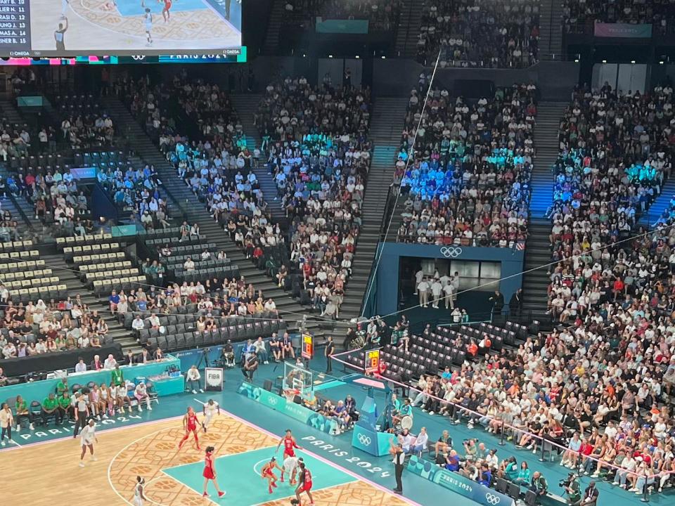 The Bercy Arena was packed for the USA-Brazil match, except for the seats controlled by the IOC. 