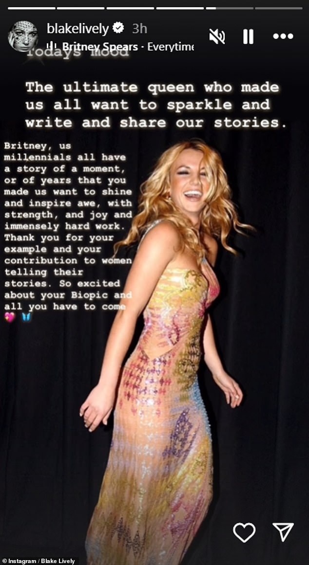 After making a statement in her gown, Lively also honored Spears in an Instagram Story post, gushing about being inspired by her and her future projects, including her biopic.