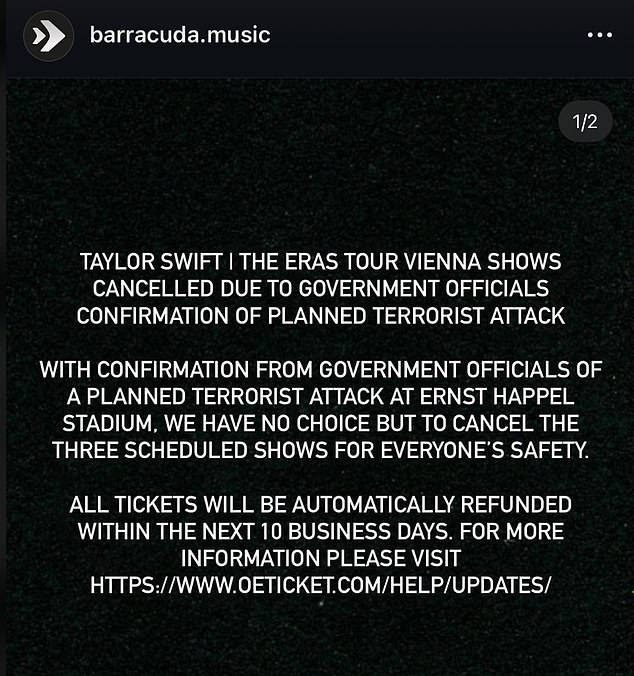 Swift's concert promoter confirmed the cancellation in a post, citing public safety concerns.