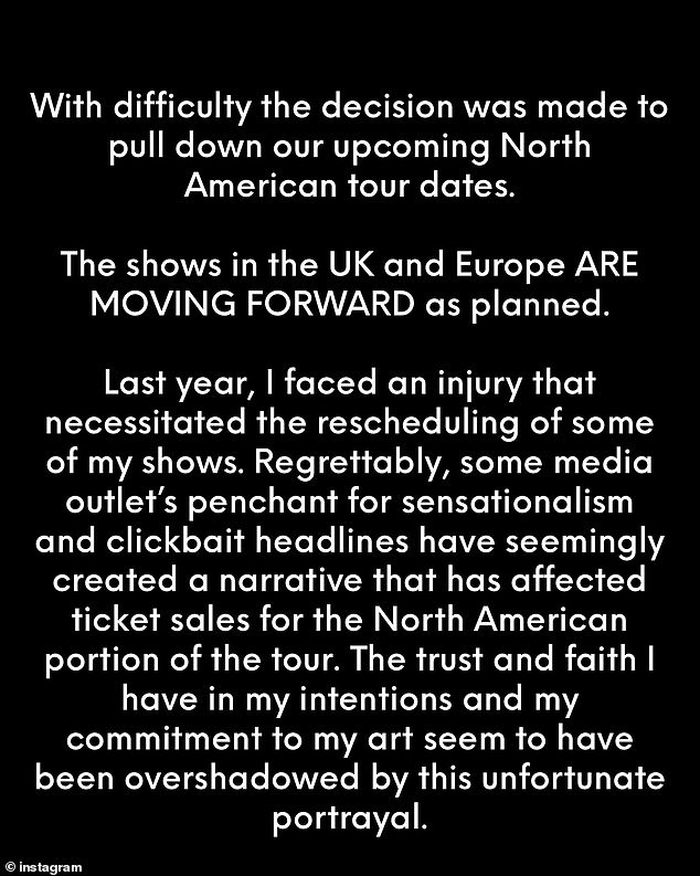 She blamed an injury for the rescheduled 2023 shows, but appeared to claim that coverage of the cancellations scared fans away from buying tickets.