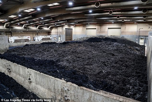 Pictured: Biosolids stored at a warehouse in Kettleman City, California, ready to be mixed with wood chips.