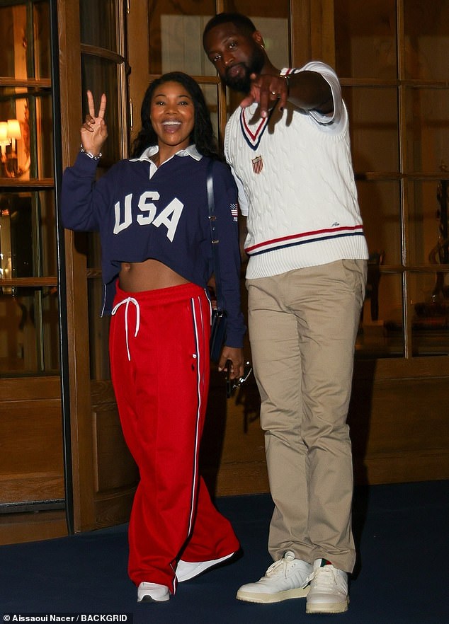 Union donned a cropped blue USA rugby jersey that showed off his toned midriff in a pair of red sweatpants with blue and white stripes.