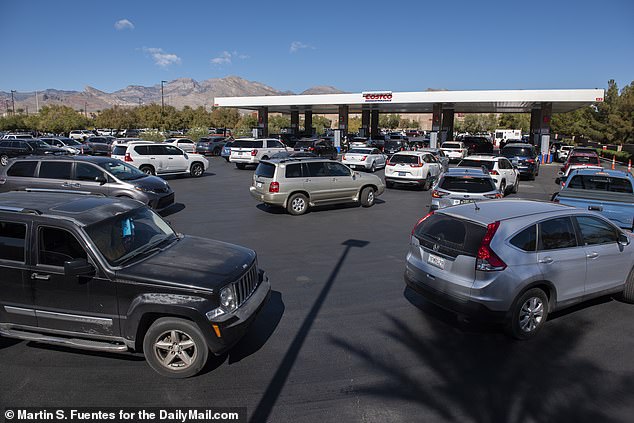 Long lines for gas sometimes exacerbate the maneuverability problem in Costco parking lots.