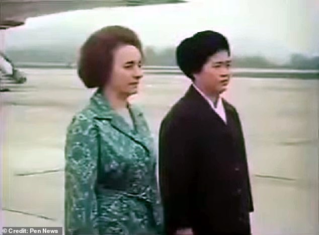 Kim Song-ae (right) at Pyongyang International Airport in 1980 during a state visit