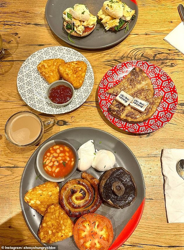 Meanwhile, breakfast at Nandos has become an airport essential for some, including content creator Chloe, who goes by @alwayshungrychloe on Instagram (pictured: Chloe's breakfast).