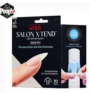 Suni gets a French manicure with the Kiss Salon X-tend system ($22) that creates salon-worthy gel nail extensions at home.