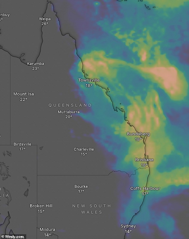 The rain expected in Brisbane could also affect parts of northern New South Wales (pictured, three-day cumulative rainfall forecast)