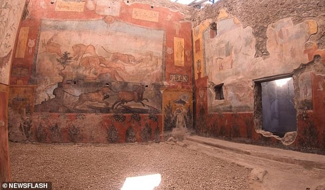 The photograph shows murals in the ancient Casa dei Ceii in Pompeii, Italy.