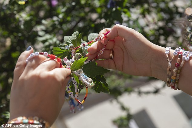 Fans of American singer Taylor Swift, the Swifties, arrange their beaded bracelets at the Swiftie Tree on Cornelius Strasse in Vienna