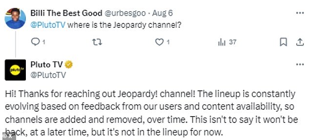 Pluto TV officials confirmed that reruns of Jeopardy! 