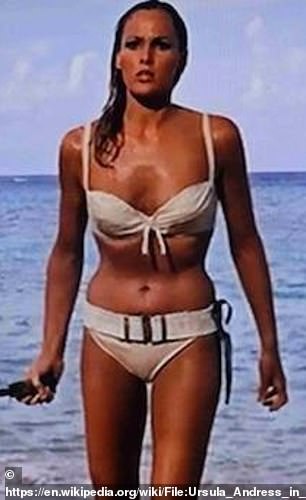 However, her husband Dave, 66, couldn't help but poke fun at his wife and jokingly compared her to Bond girl Ursula Andress, 88, as she had seaweed stuck in her bikini top and bottom.