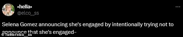 However, the placement of her emoji attracted a lot of attention from fans, who were quick to take to X (formerly Twitter) to share their theories that the Rare Beauty founder popped the question.