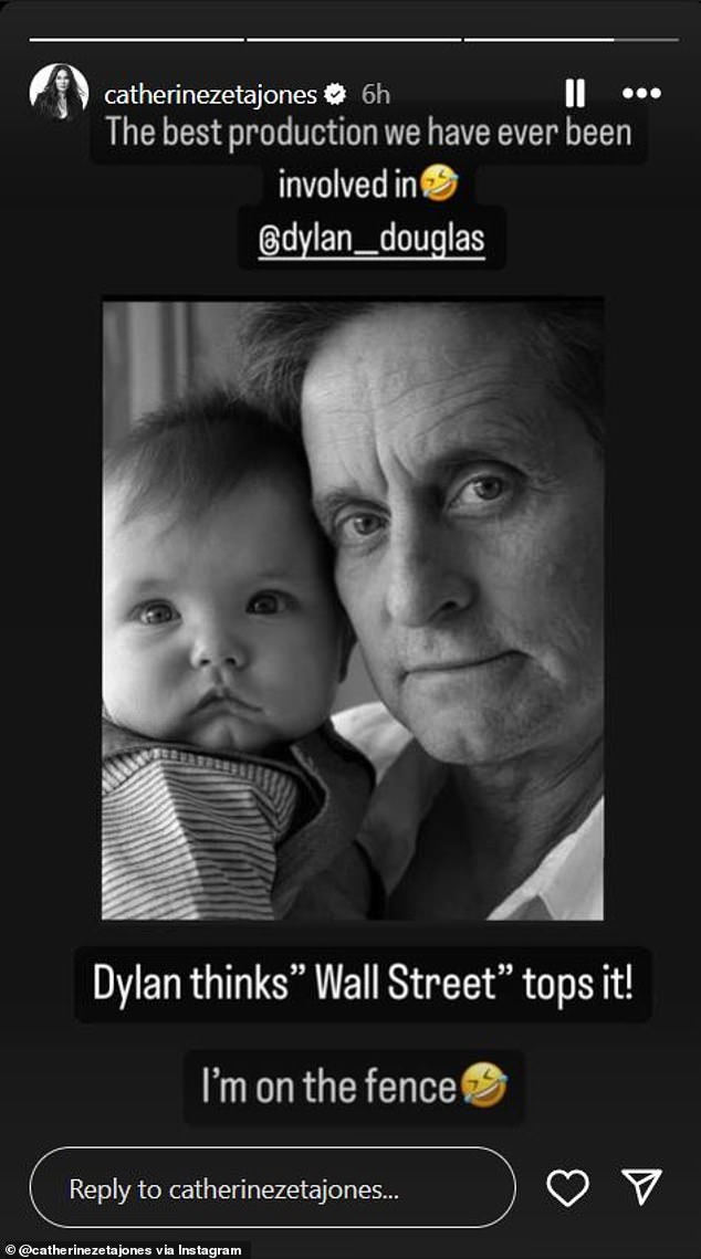 On her Instagram Story, she also shared a black-and-white photo of Dylan with her father Michael Douglas, whom she married in 2000.