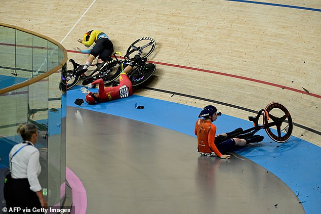 Van der Peet (right) collided with China's Yuan Liying (centre) and Belgium's Nicky Degrendele (far left)