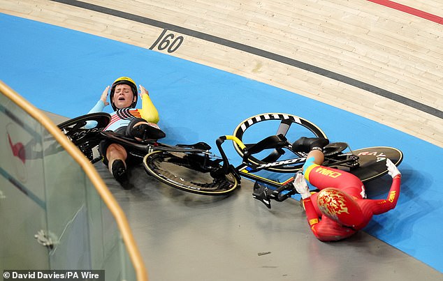 A horrific high-speed crash at the Olympic velodrome left three riders suffering nasty injuries in the women's keirin event.