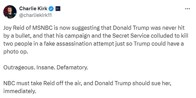 Conservative commentator Charlie Kirk led the criticism of Reid's comments last month, when he called on MSNBC to 