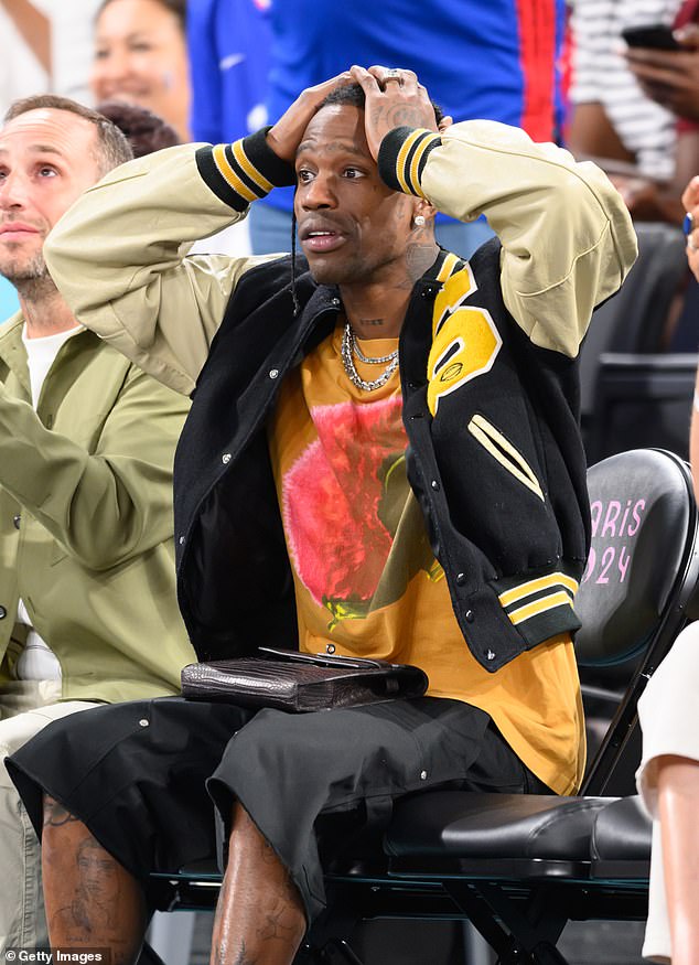 Travis Scott attends the Men's Basketball Semi-Final match between Team France and Team Germany on day thirteen of the Paris 2024 Olympic Games at Bercy Arena on August 8, 2024 in Paris, France.