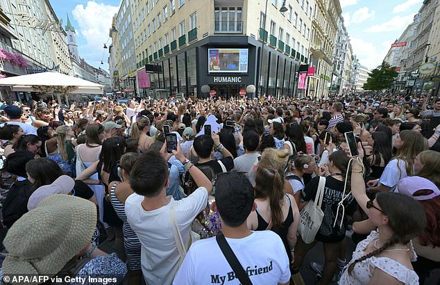 Fans of singer Taylor Swift -swifties- gather in Vienna, Austria, on August 8, 2024, after the star's concerts were cancelled at the last minute due to a terror threat.