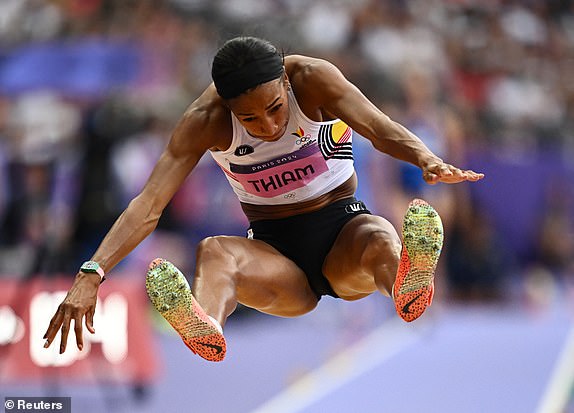 Paris 2024 Olympics - Athletics - Women's Heptathlon Long Jump - Stade de France, Saint-Denis, France - August 9, 2024. Nafissatou Thiam of Belgium in action. REUTERS/Dylan Martinez