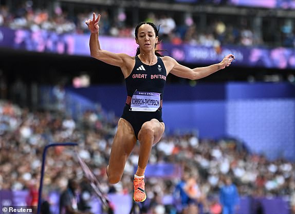 Paris 2024 Olympics - Athletics - Women's long jump heptathlon - Stade de France, Saint-Denis, France - August 9, 2024. Britain's Katarina Johnson-Thompson in action. REUTERS/Dylan Martinez