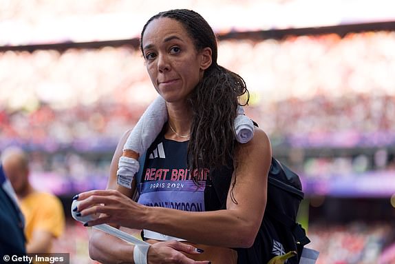 PARIS, FRANCE - AUGUST 08: Katarina Johnson-Thompson of Team Great Britain reacts after competing in the Women's Heptathlon Shot Put on day 13 of the Paris 2024 Olympic Games at Stade de France on August 08, 2024 in Paris, France. (Photo by Andy Cheung/Getty Images)