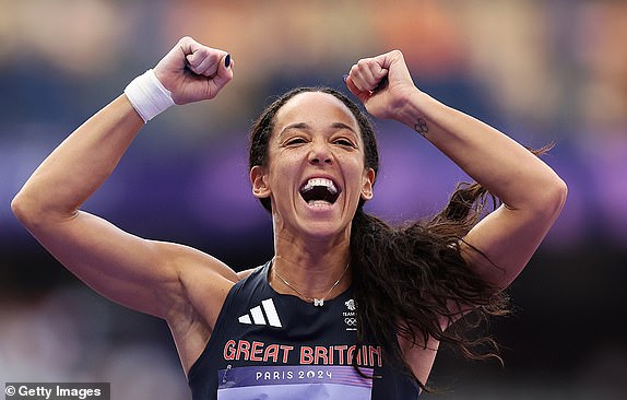 PARIS, FRANCE - AUGUST 08: Katarina Johnson-Thompson of Team Great Britain celebrates after competing in the Women's Heptathlon Shot Put on day 13 of the Paris 2024 Olympic Games at the Stade de France on August 08, 2024 in Paris, France. (Photo by Julian Finney/Getty Images)