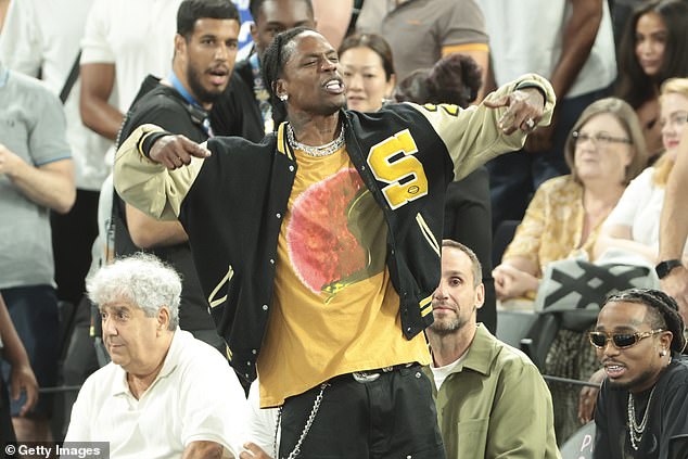 Travis Scott attends the men's basketball semi-final match between Team USA and Team Serbia on day thirteen of the Paris 2024 Olympic Games