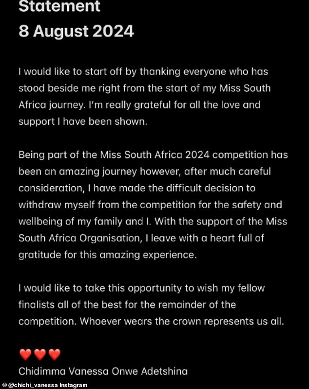 The model posted a statement on her Instagram page revealing that concerns about her safety and that of her family had led to the decision ahead of Saturday's final.