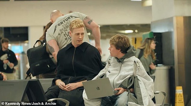 The content creators, pictured here at the airport, managed to get through security before boarding the plane and landing safely in Portugal.