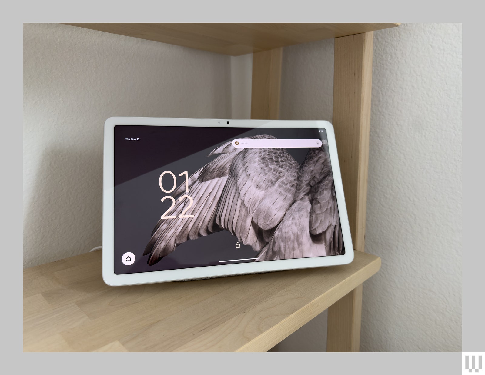 White tablet on light wooden shelf with screen showing time and close-up view of bird feathers