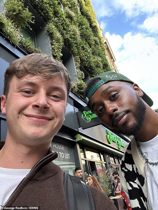 The influencer from Wirral, Merseyside, set himself the challenge of travelling around the capital for 48 hours without spending a penny (pictured with a friend)