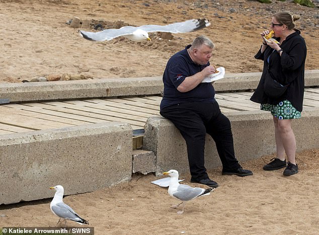 A seagull is seen flying behind a man who is eating his food on the beach.