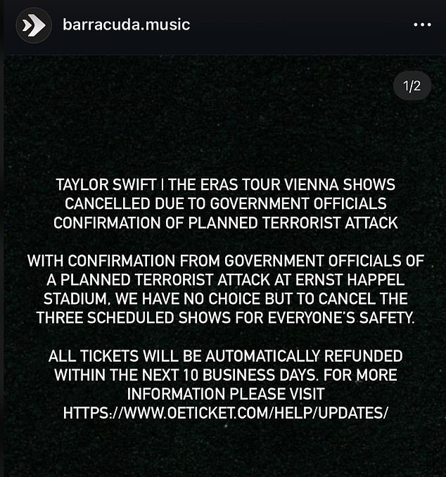 Taylor's concert promoter confirmed the cancellation in a post, citing public safety concerns.