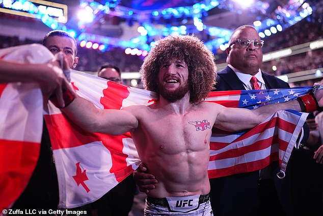 Georgia's Merab Dvalishvili reacts after his victory over Henry Cejudo at UFC 298