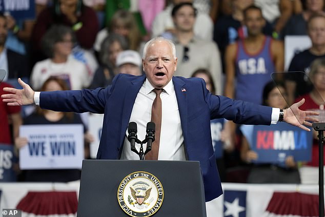 Democratic vice presidential nominee Minnesota Gov. Tim Walz speaks at a campaign rally at Desert Diamond Arena, Friday, Aug. 9, 2024, in Glendale, Arizona.