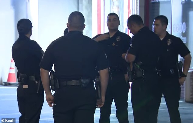 Five suspects are on the run after robbing a sneaker store in Encino early Wednesday morning (pictured: Encino Police at the crime scene)