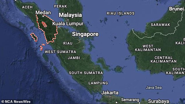 Mr Wann is known to have hit his head on a reef and been knocked unconscious while surfing in North Sumatra province on Thursday (the area is highlighted on this map).