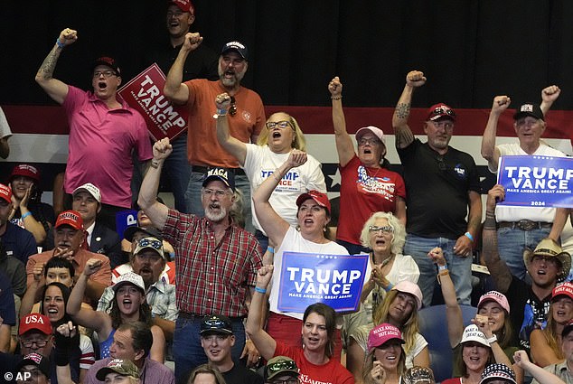 The Trump campaign has called Harris a left-wing extremist who they say is out of touch with voters in key swing states. Pictured here are Trump supporters at a rally in Montana on Friday