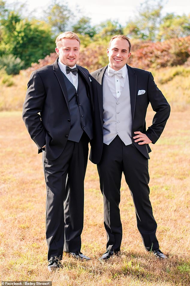 Thomas (left) at a wedding where he was best man for his friend Tyler.